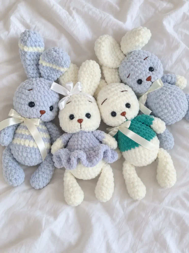 Four chunky yarn bunnies resting on white fabric, showing a teal bunny in a sweater crochet pattern among friends.