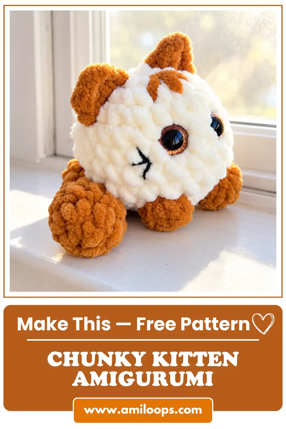 A white and orange plush yarn kitten amigurumi pattern sitting in bright sunlight on a white windowsill.