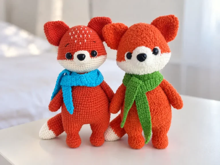 Two orange and cream crochet fox amigurumi with green and blue knit scarves sitting on a windowsill.