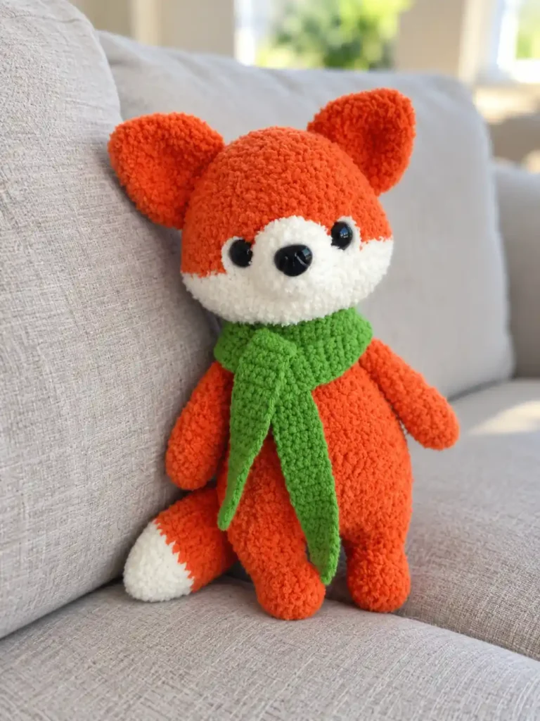 A fluffy orange crocheted toy from a fox amigurumi pattern wearing a green scarf, sitting on a beige couch.