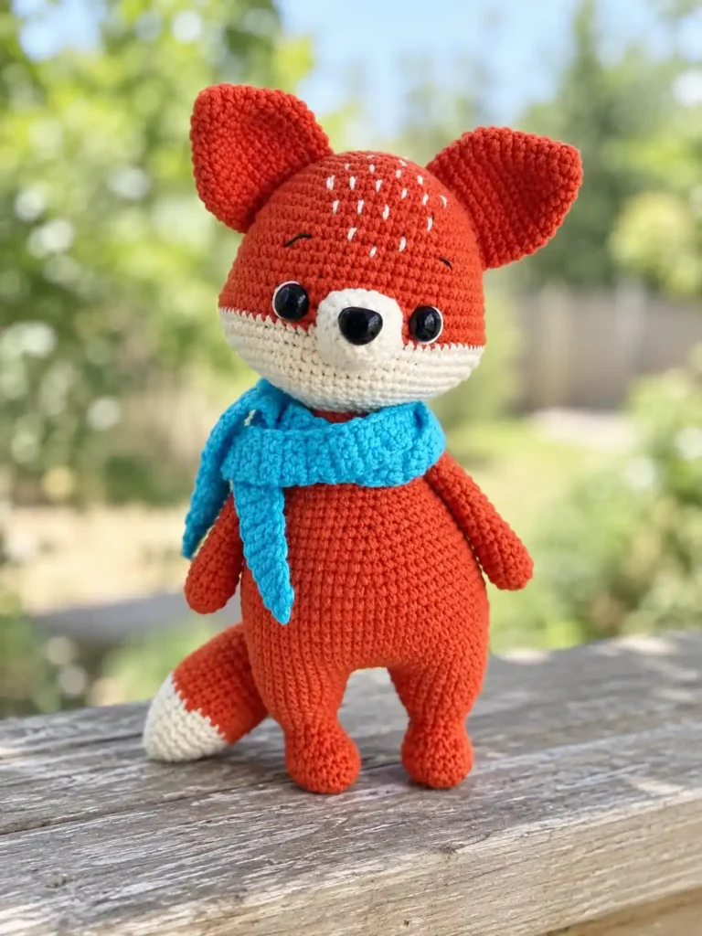 An orange crocheted toy from a fox amigurumi pattern wearing a bright blue scarf, standing outdoors on wood.