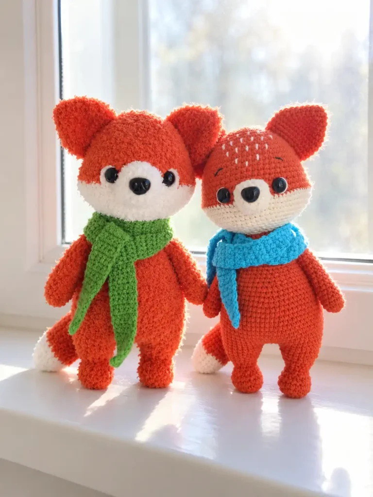 Two orange crocheted foxes from a fox amigurumi pattern on a windowsill, wearing green and blue scarves.
