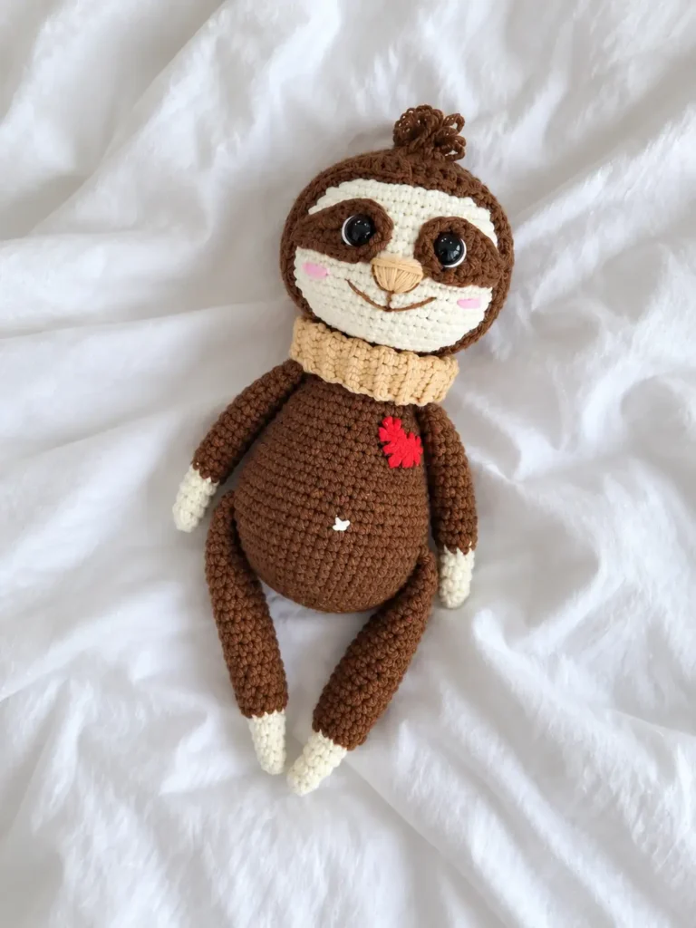 Minimalist product shot of the completed amigurumi sloth, wearing a beige scarf, lying on a clean white linen surface.