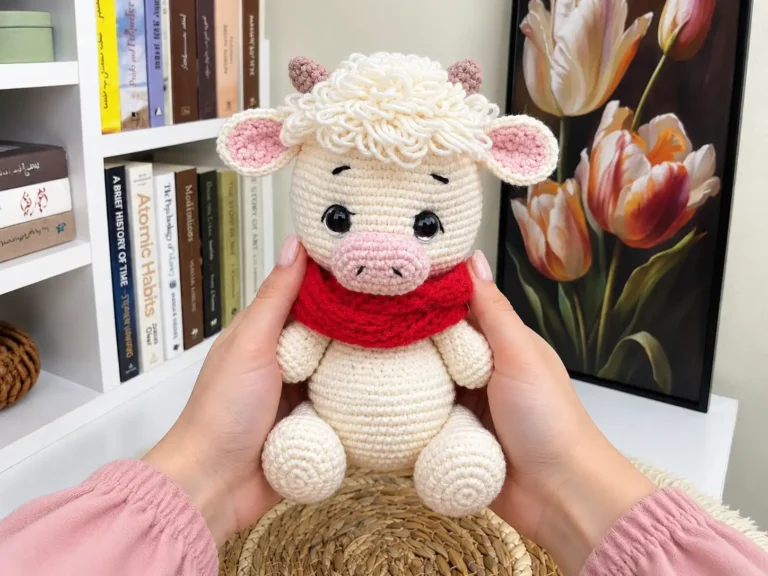 A cream crochet calf amigurumi with a red knit scarf, brown horns, and pink ears sitting outdoors on a wooden table.