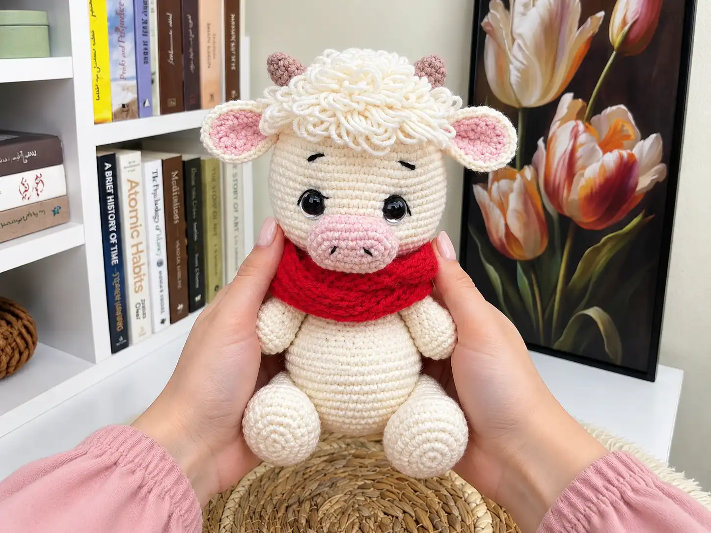 A cream crochet calf amigurumi with a red knit scarf, brown horns, and pink ears sitting outdoors on a wooden table.