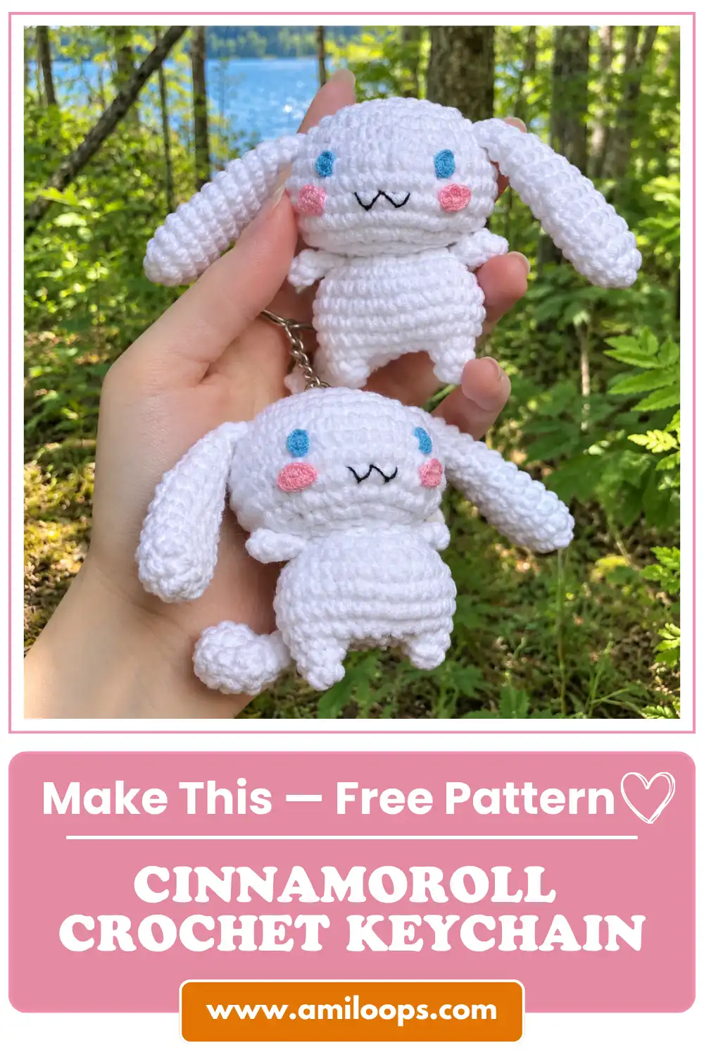 Two crocheted Cinnamoroll amigurumi toys (one keychain) held by a hand in a sunny forest setting by a lake.