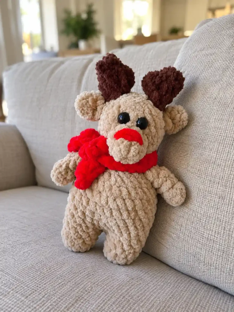 Front view of a beige plush toy from a deer in a scarf crochet pattern sitting on a grey couch in a bright living room.