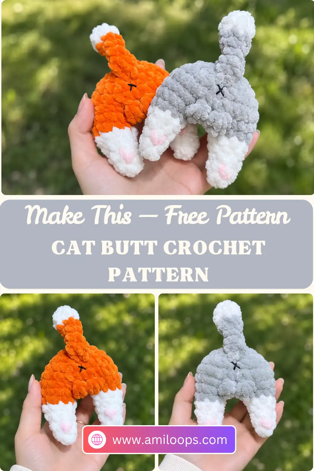 Two hands holding orange and grey velvet yarn toys from a cat butt crochet pattern against a blurred green grass background.