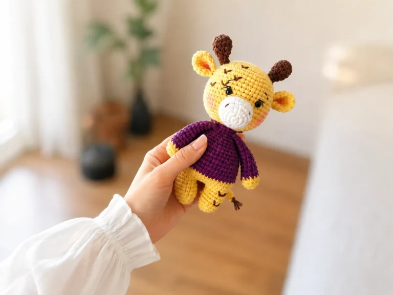 Yellow and purple crochet giraffe amigurumi lying inside a wicker basket with white lining near a sunlit window.