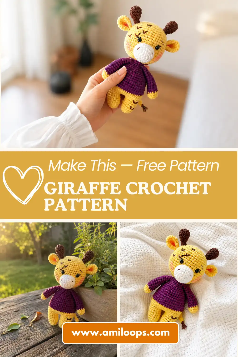 Yellow toy from our giraffe crochet pattern wearing a purple sweater, resting in a wicker basket on a white table.