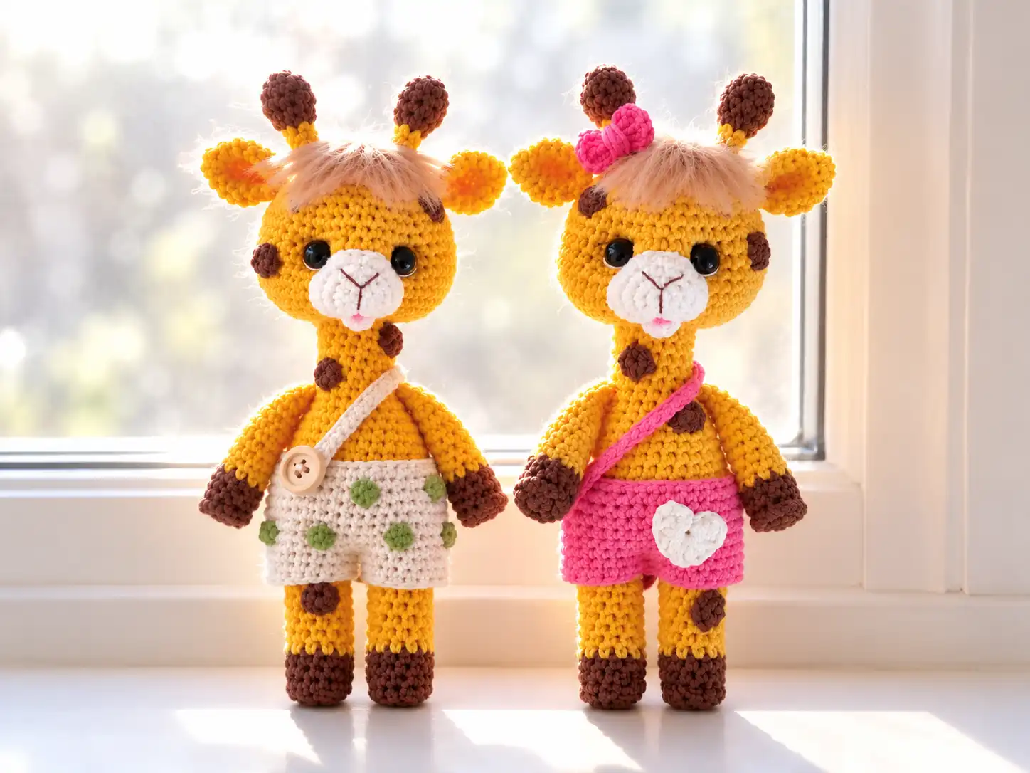 Two crochet giraffes in overalls stand on a white windowsill against a window, featuring yellow yarn and brown spots.