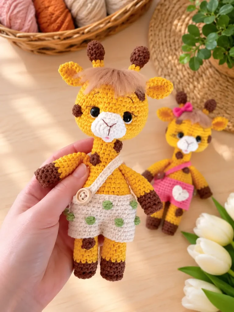 A hand holds a handmade amigurumi giraffe with white and green polka dot overalls against a wooden tabletop background.