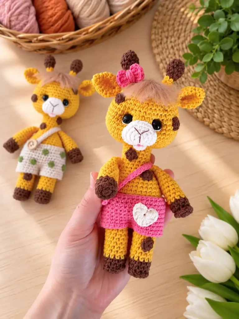 A hand holding a yellow amigurumi giraffe wearing pink overalls with a white heart detail and a pink bow on its head.