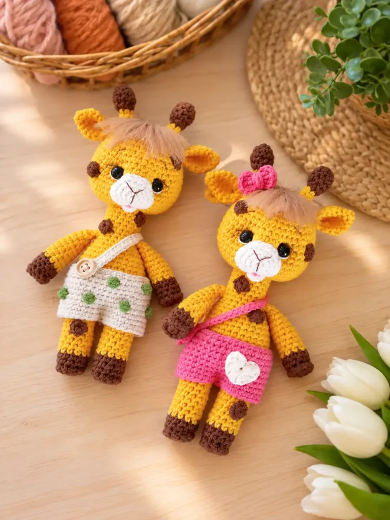 Two completed amigurumi giraffes resting on a wooden surface next to a basket of yarn, straw hat, and white tulips.