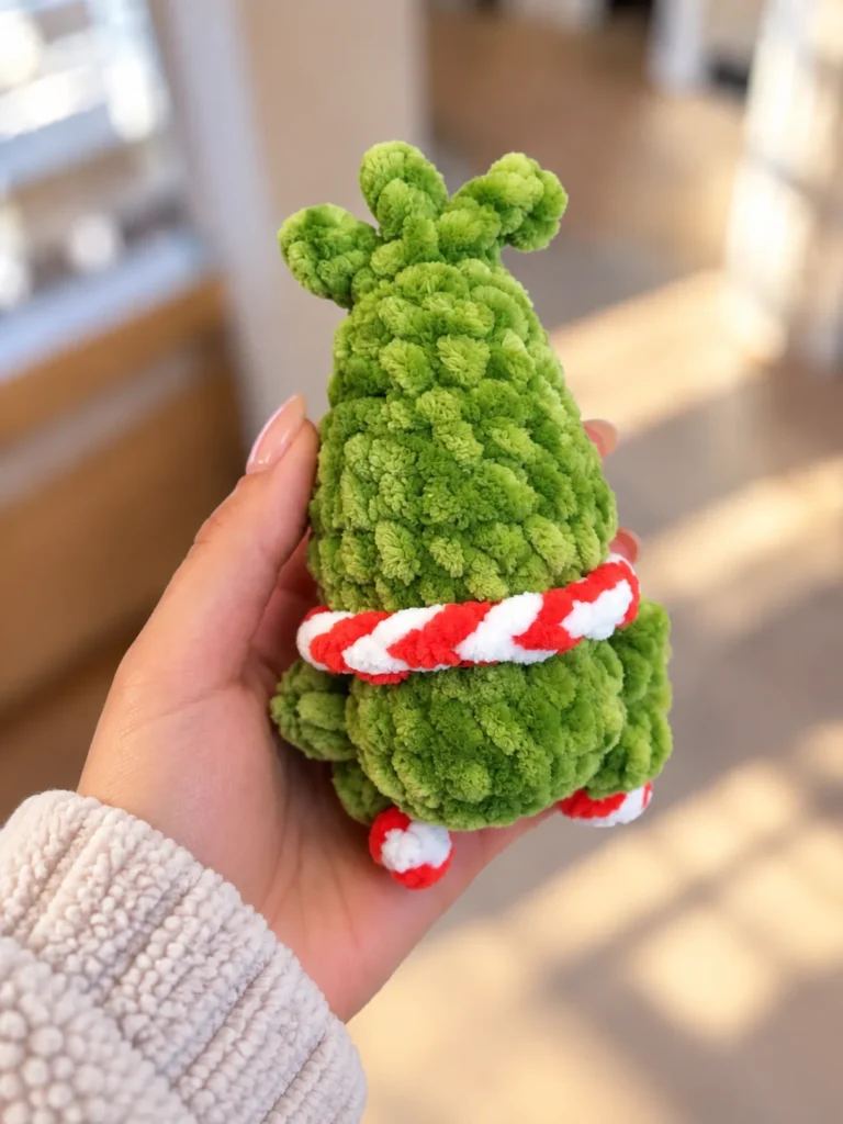 Hand holding the back of a green grinch amigurumi crochet pattern toy, showing the top tuft, scarf, and striped feet.