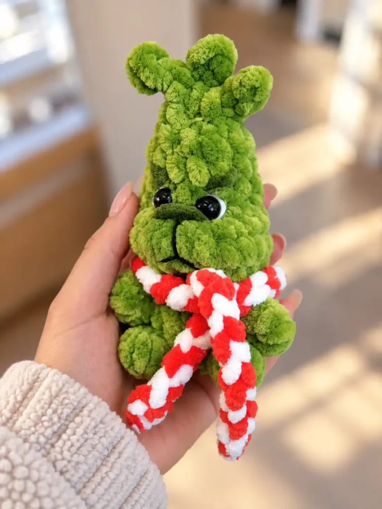 Hand holding a plush green grinch amigurumi crochet pattern toy with a red and white scarf.