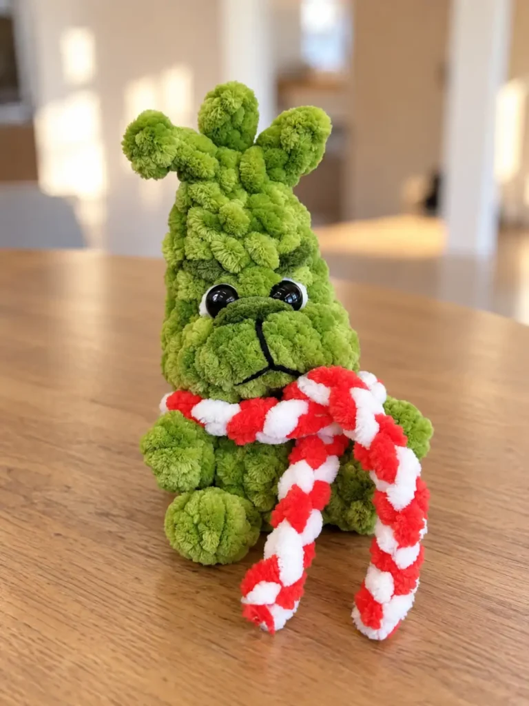 Plush green grinch amigurumi crochet pattern sitting on a wooden table with a striped scarf.