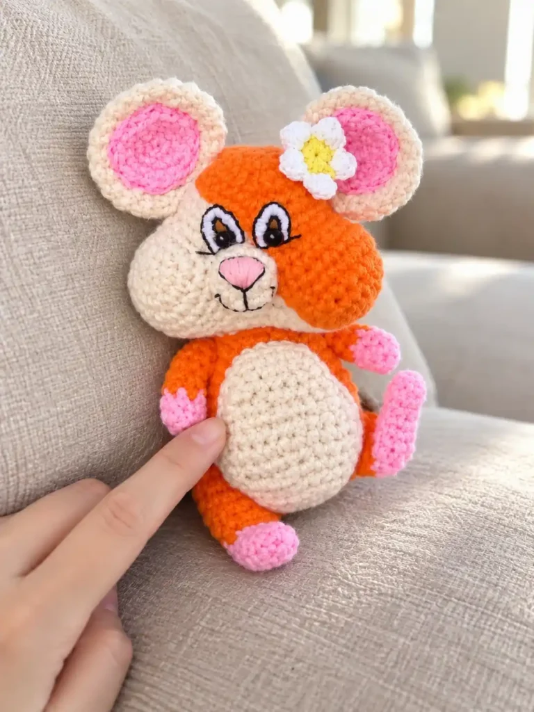 A finger touching the belly of an orange and white toy from our hamster amigurumi free pattern sitting on a beige couch.