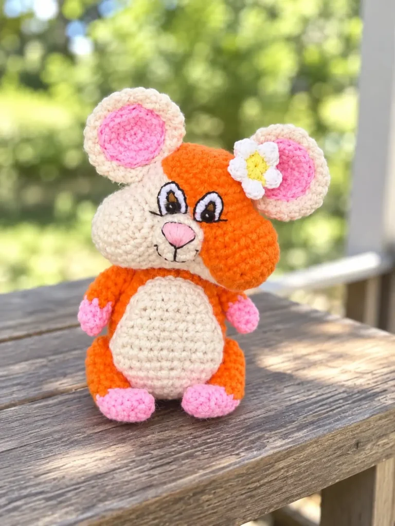 Orange and cream yarn toy from a hamster amigurumi free pattern sitting on an outdoor wooden table with a green background.
