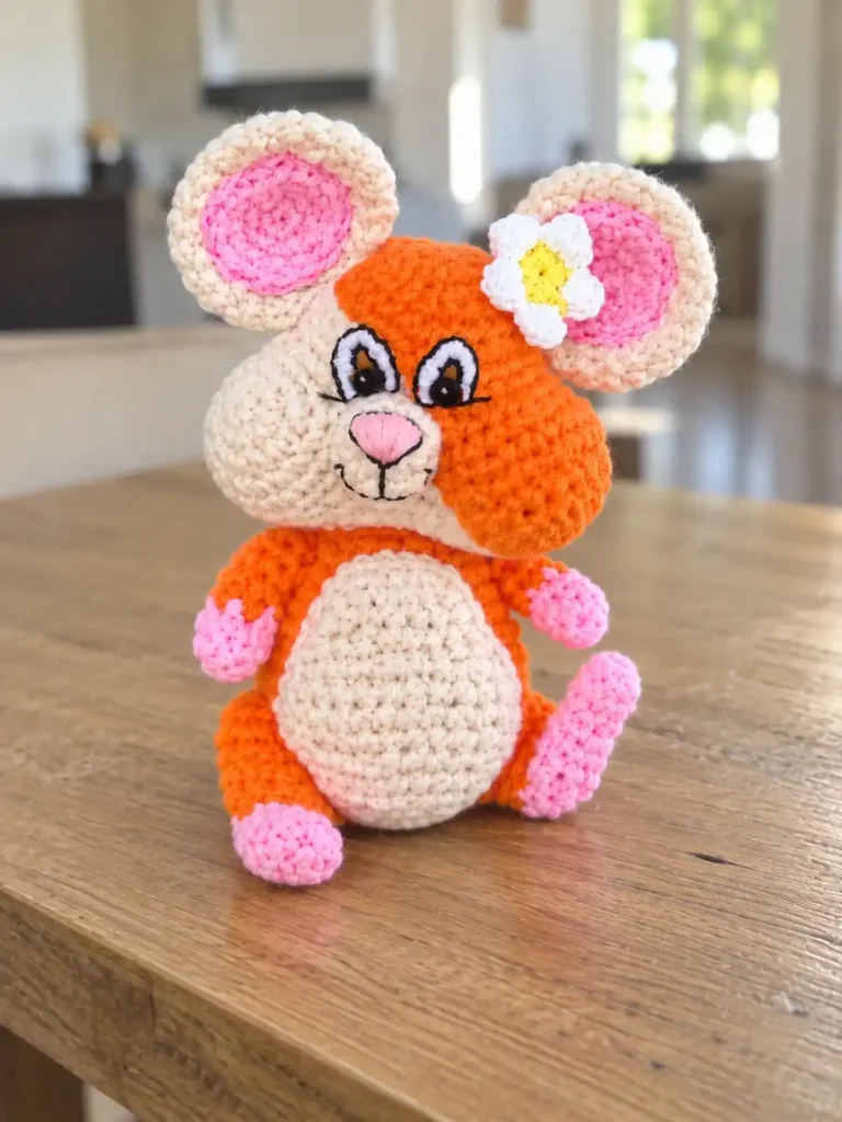 Finished orange and white toy from our hamster amigurumi free pattern sitting upright on a light wooden desk indoors.