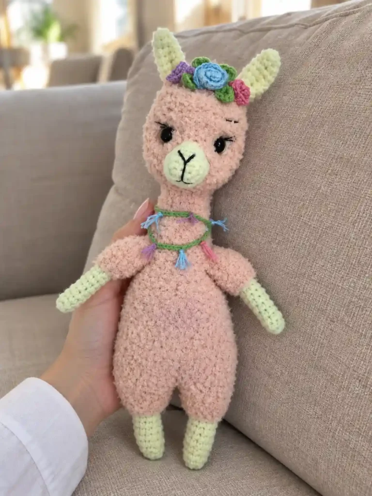Hand holding a peach and green plush toy from this alpaca amigurumi pattern, featuring a colorful tasseled neck string.