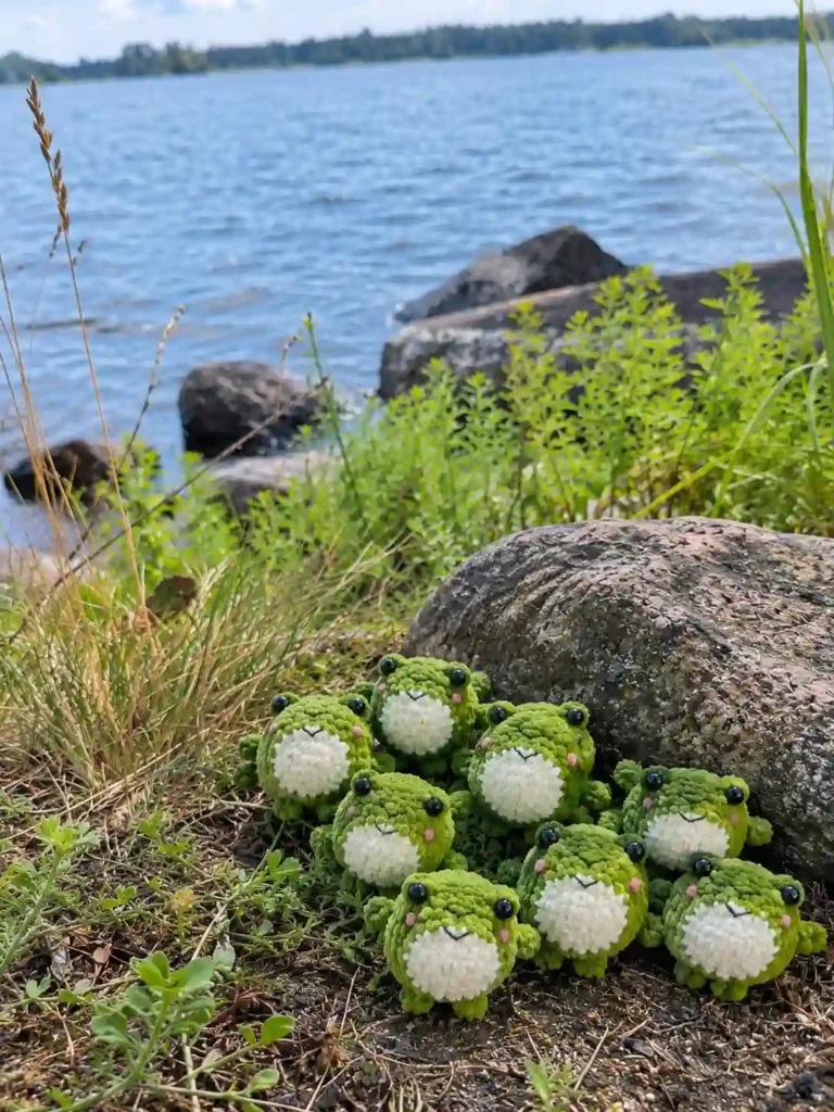 A large group of handmade green and white crochet frog amigurumi toys gathered together outdoors on the ground next to a large rock, with a lake and grassy shoreline in the background.