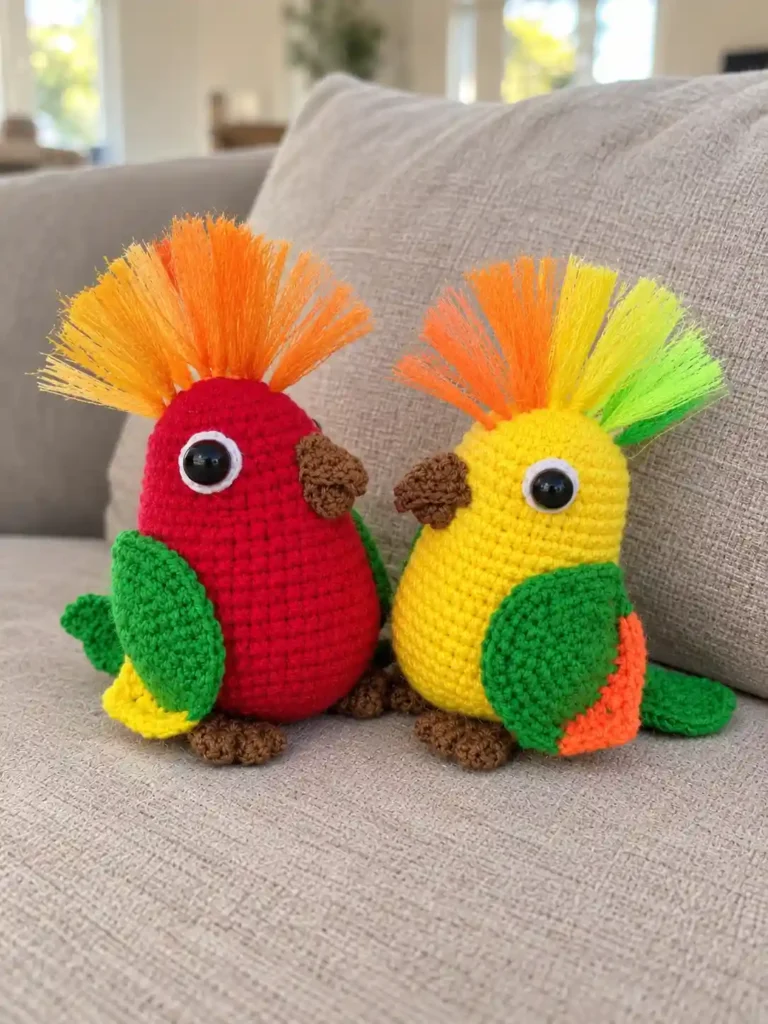 Two colorful amigurumi parrot crochet toys sitting together on a beige fabric couch cushion indoors.