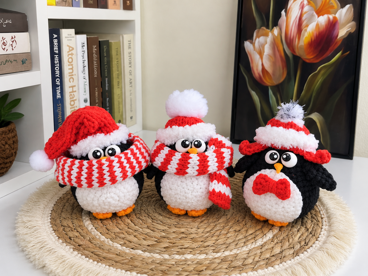 Three holiday penguin amigurumi toys in red and white hats on a woven mat, with books and a tulip painting in the background.