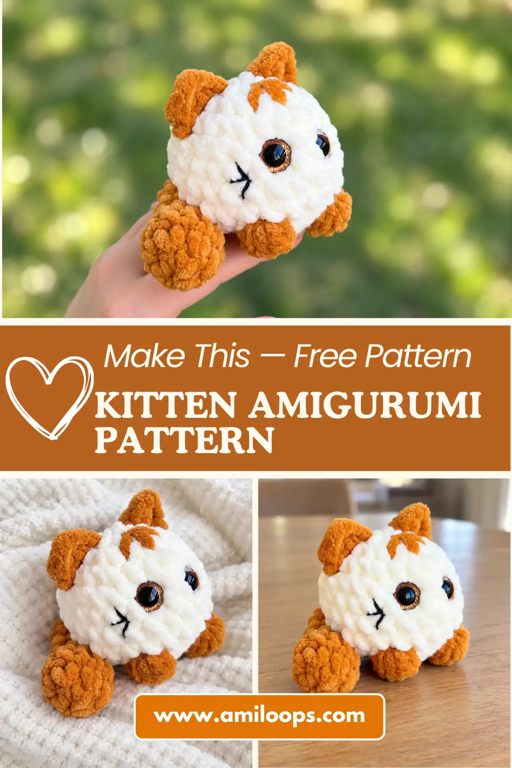 A cream and brown crochet kitten amigurumi held in a hand outdoors, shown in a photo collage.