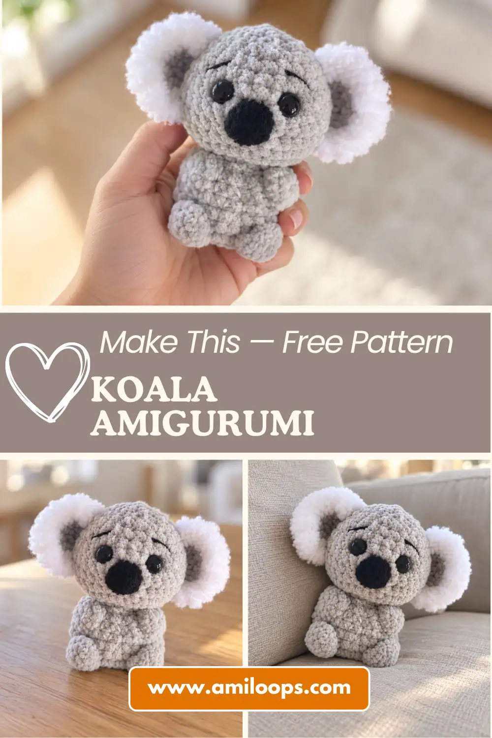Plush grey koala amigurumi crochet pattern sitting on a woven mat near books and floral art.