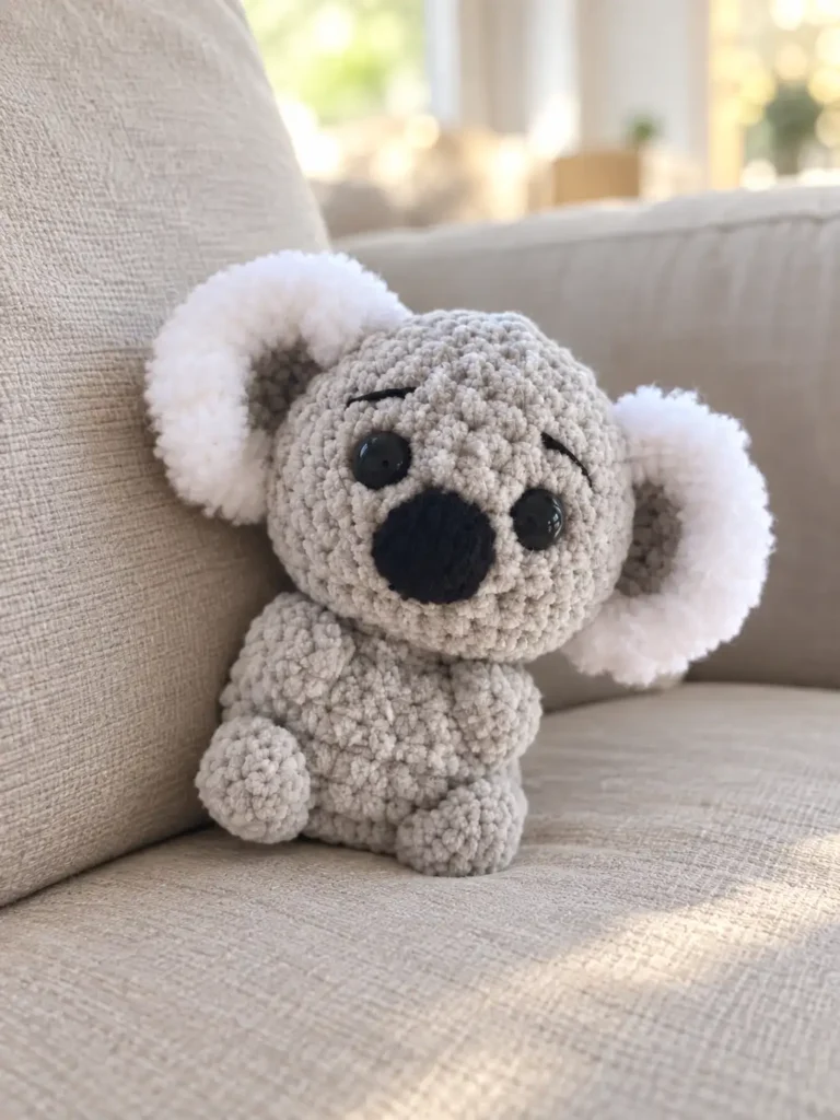 Plush grey koala amigurumi crochet pattern toy resting on a textured beige sofa cushion.