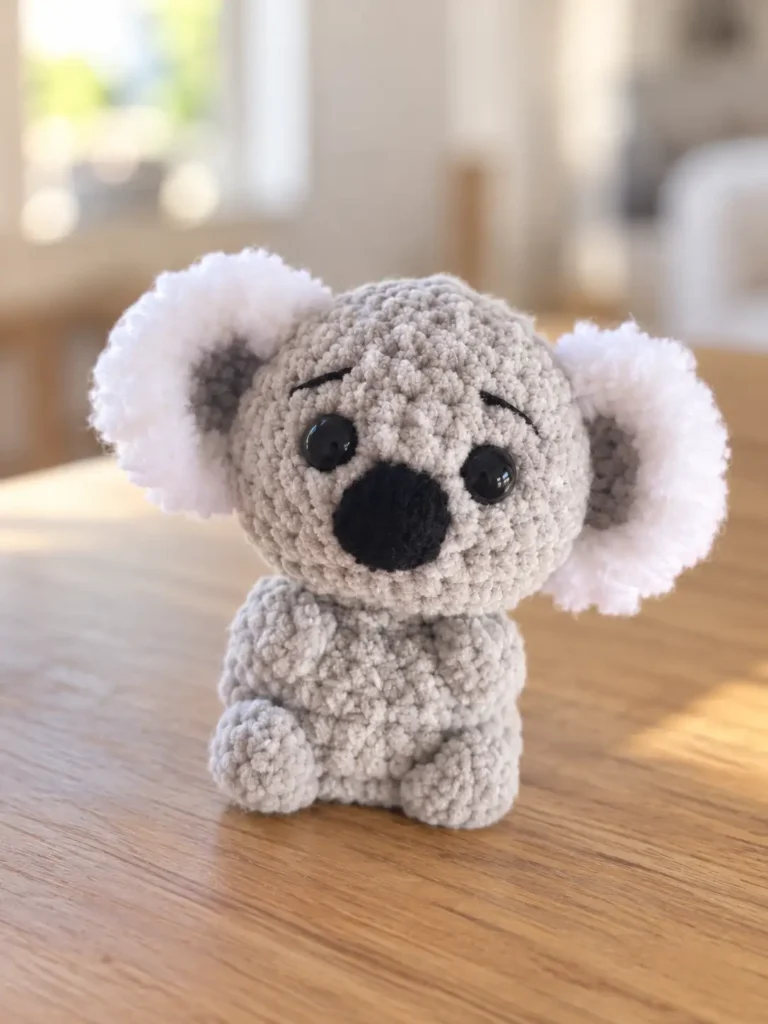 Plush grey koala amigurumi crochet pattern toy sitting on a natural wooden tabletop in sunlight.