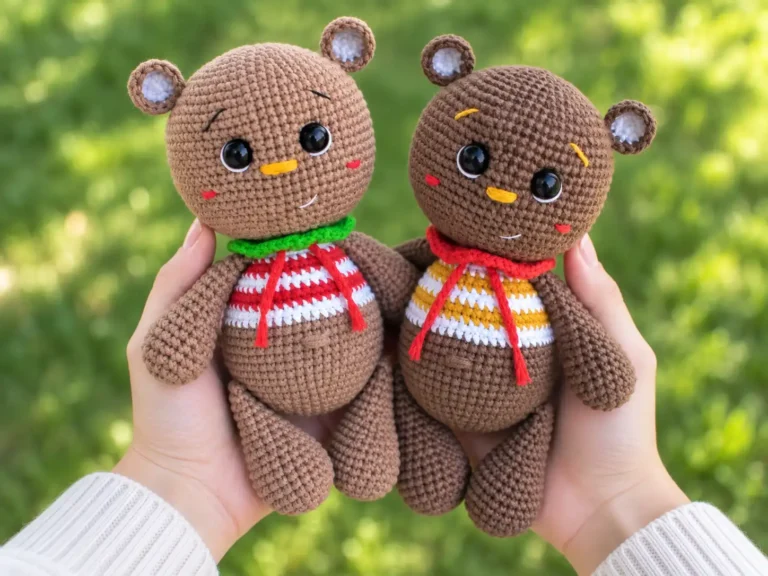 Two brown crochet teddy bears with striped sweaters and crocheted collars, held outdoors against green foliage.