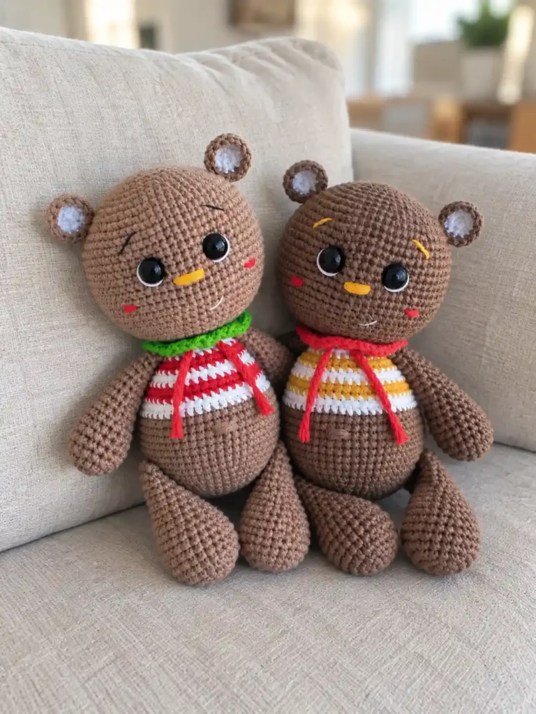Two little bear in a sweater amigurumi plushies sitting upright side by side on a light beige couch cushion.