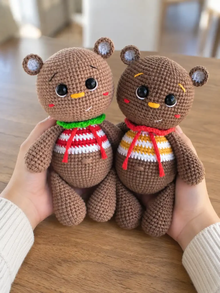 Two brown crochet little bear in a sweater toys held up together in hands over a wooden table surface.