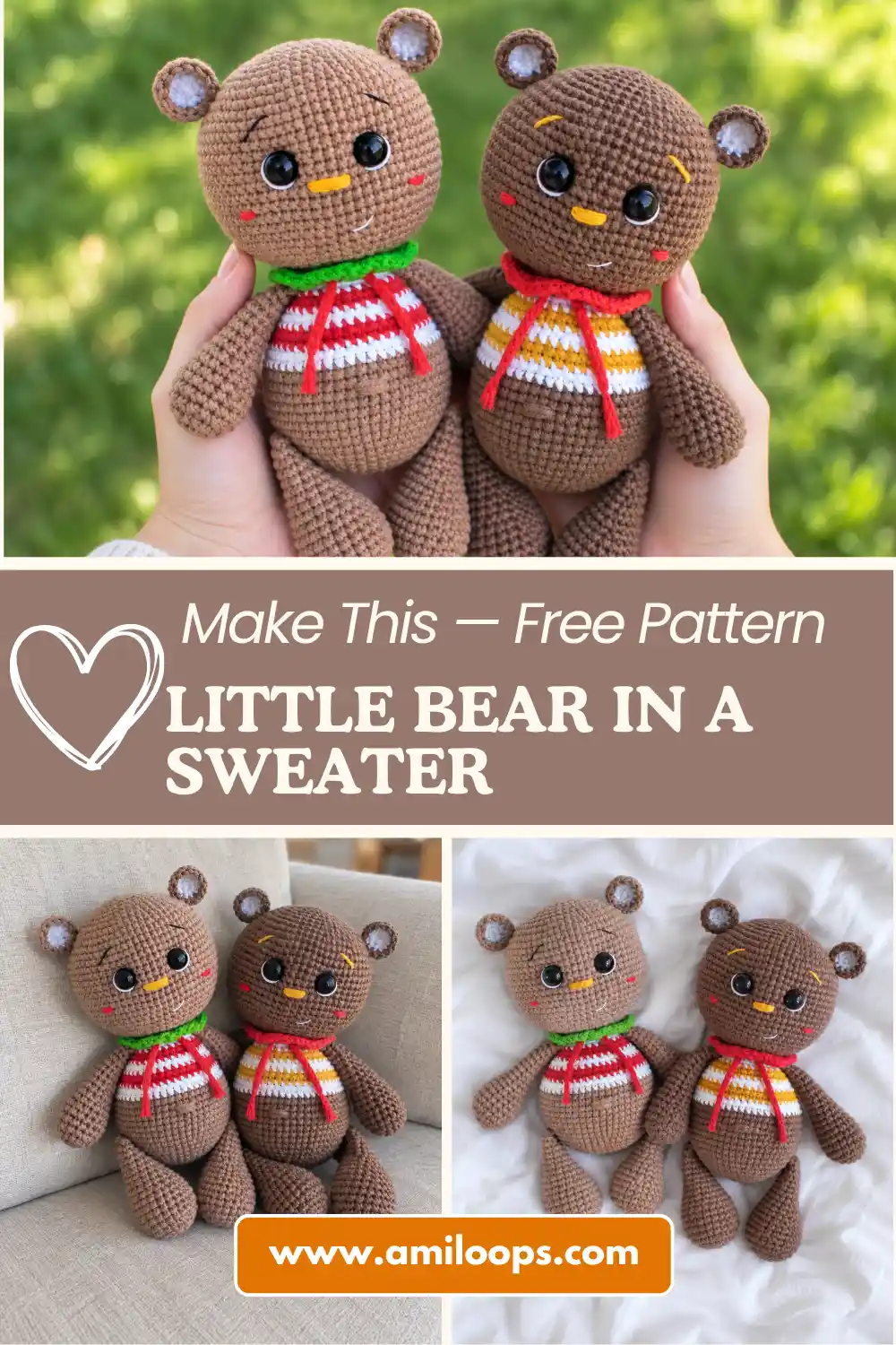 Two handmade little bear in a sweater amigurumi toys held over a wooden table inside a cozy room.