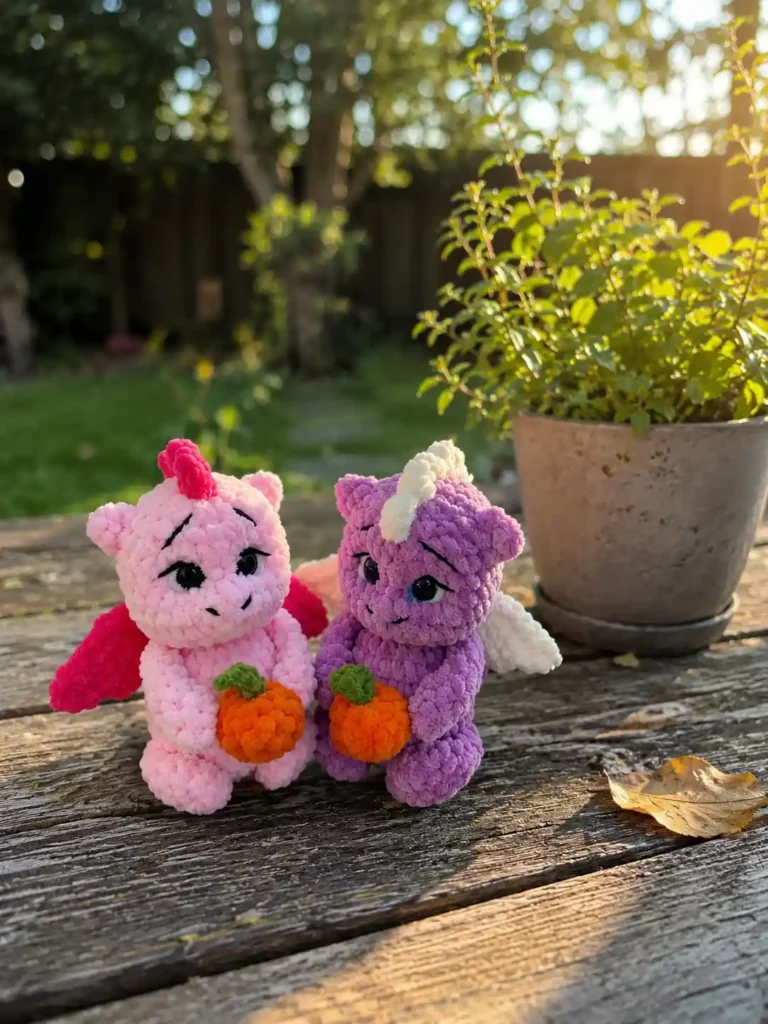 Pink and purple toys from a little dragon crochet pattern sitting on a wooden outdoor table.