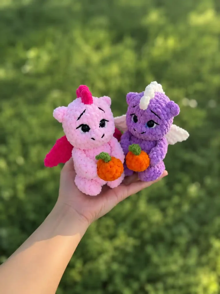 Hand holding palm-sized plush dragons made from a little dragon crochet pattern outdoors.