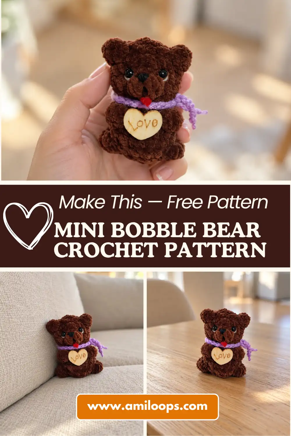 Brown chenille yarn mini bobble bear crochet pattern with a purple scarf .