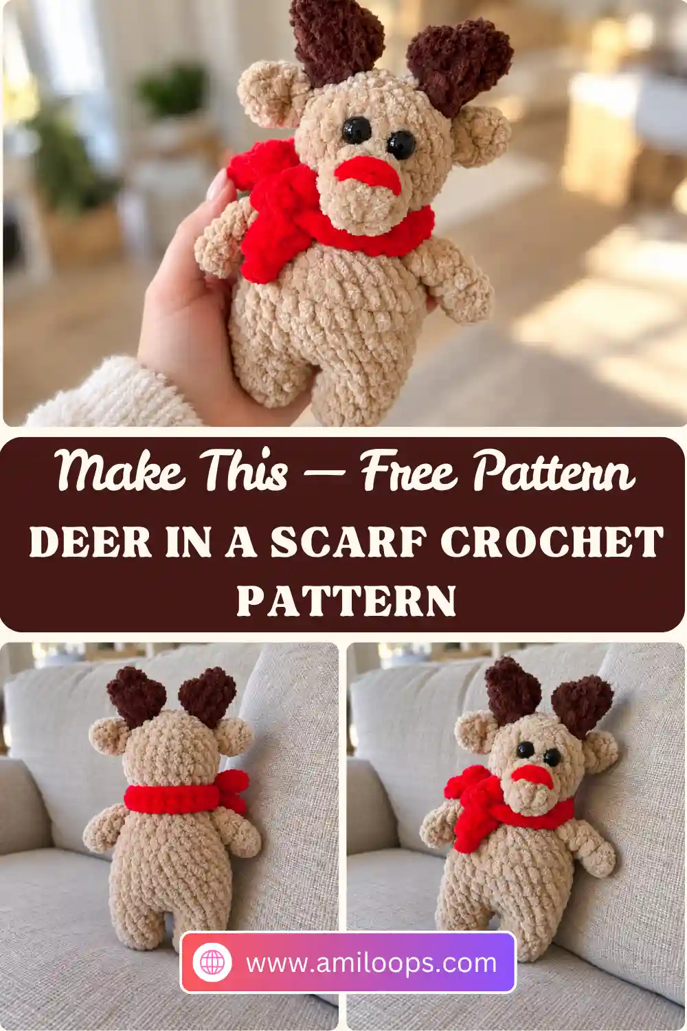 Beige chenille toy from a deer in a scarf crochet pattern sitting by a log with a blue lake background and red yarn scarf.
