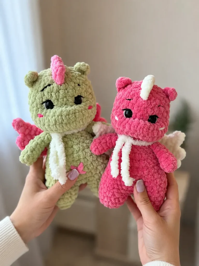 Two hands holding a light green and a pink plush toy side-by-side, showcasing the completed mini dragon amigurumi pattern.