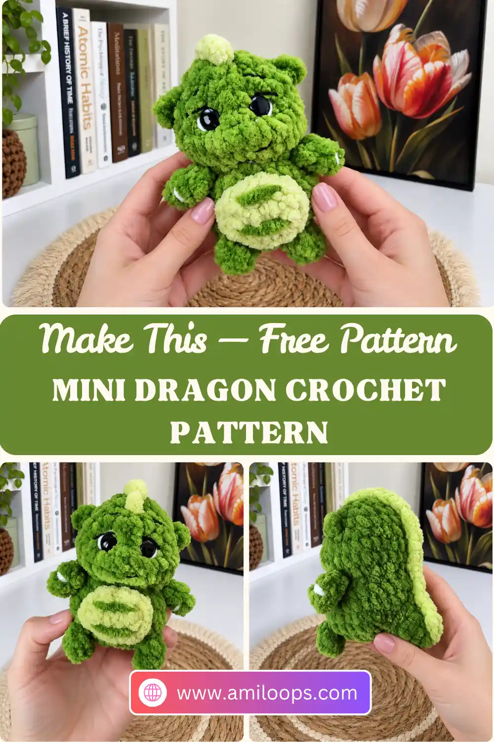 A green plush mini dragon crochet pattern toy standing upright on a woven straw mat with a bookshelf and tulip painting background.