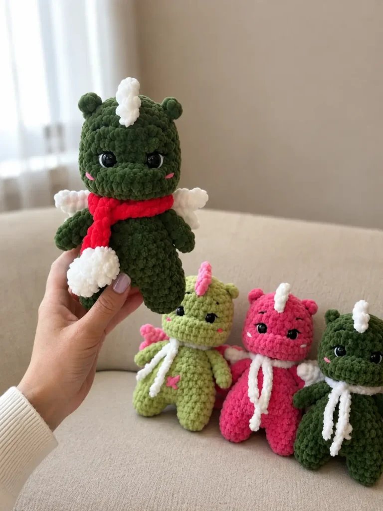 Four colorful plush dragons sitting in a row on a beige couch, displaying variations of the mini dragon amigurumi pattern.A hand holds a dark green toy with a red scarf from the mini dragon amigurumi pattern; three other dragons sit on a couch.