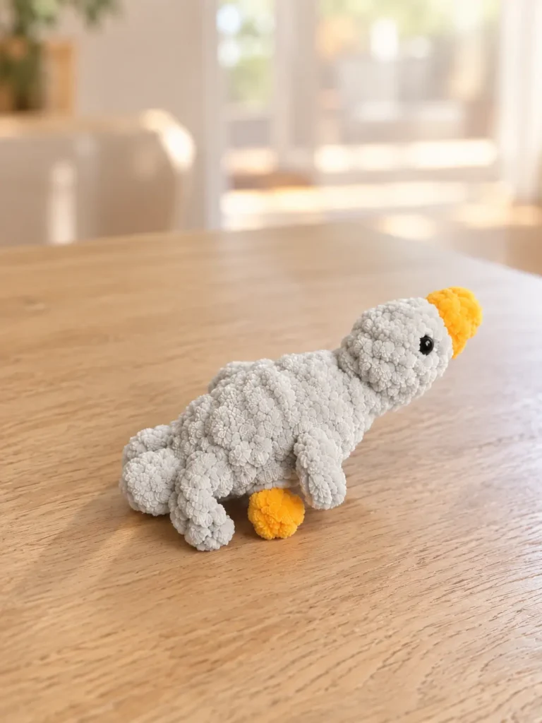 Grey crochet mini gosling toy with a yellow beak standing upright on a light wooden table