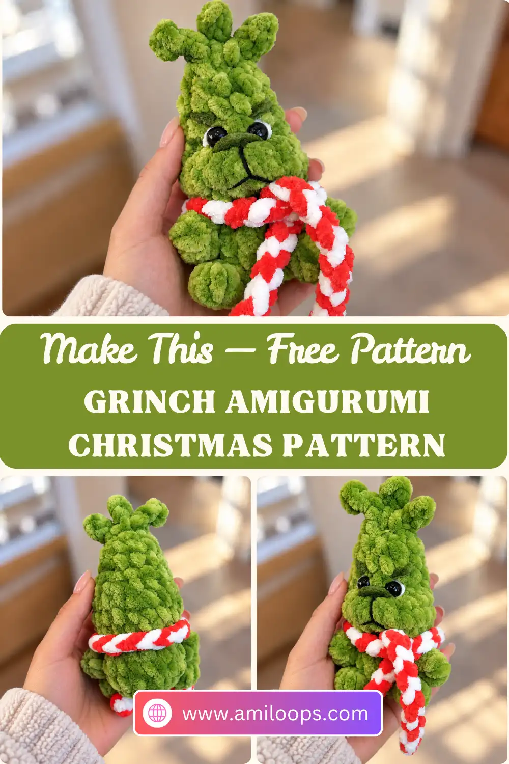 A fluffy green grinch amigurumi crochet pattern toy with a red and white scarf sitting on a wooden table.