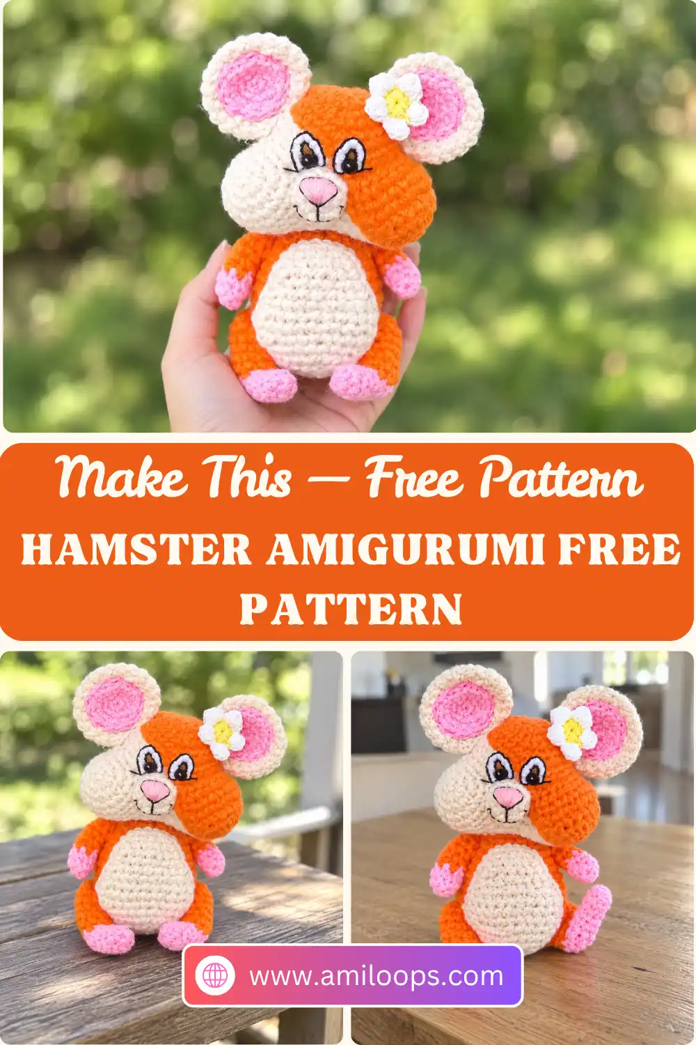 Orange and cream yarn toy from a hamster amigurumi free pattern sitting on a beige couch, with a finger touching its belly.