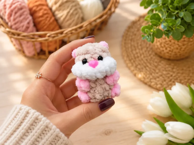 A plush beige and pink toy from a mini hamster crochet pattern sitting on a wooden deck with a blurred green garden behind.
