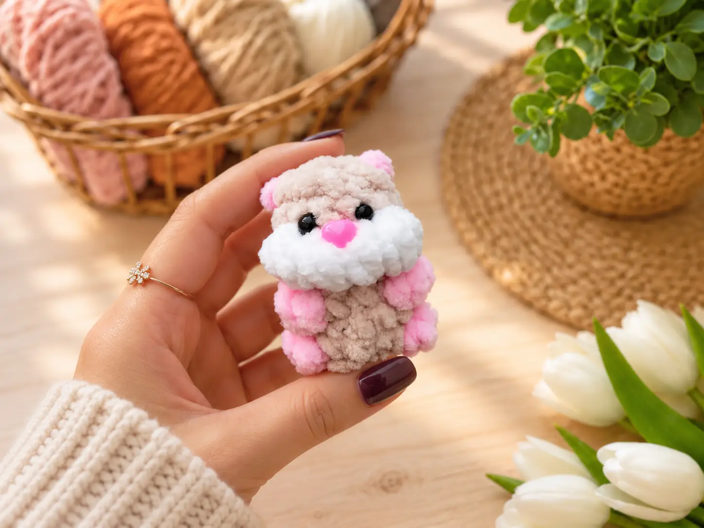 A plush beige and pink toy from a mini hamster crochet pattern sitting on a wooden deck with a blurred green garden behind.