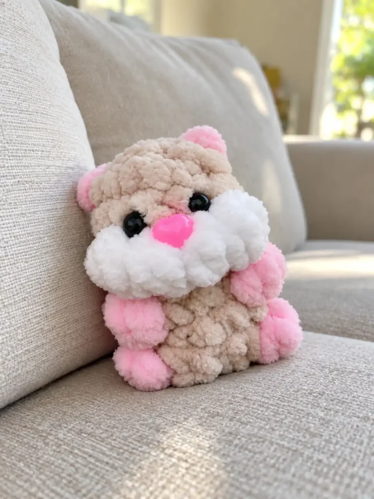 A plush beige and pink toy from a mini hamster crochet pattern sitting on a light beige couch cushion indoors.
