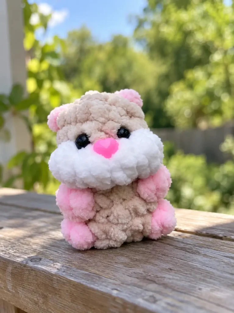 A soft beige and pink toy made from a mini hamster crochet pattern sitting on a wooden deck with a green garden behind.
